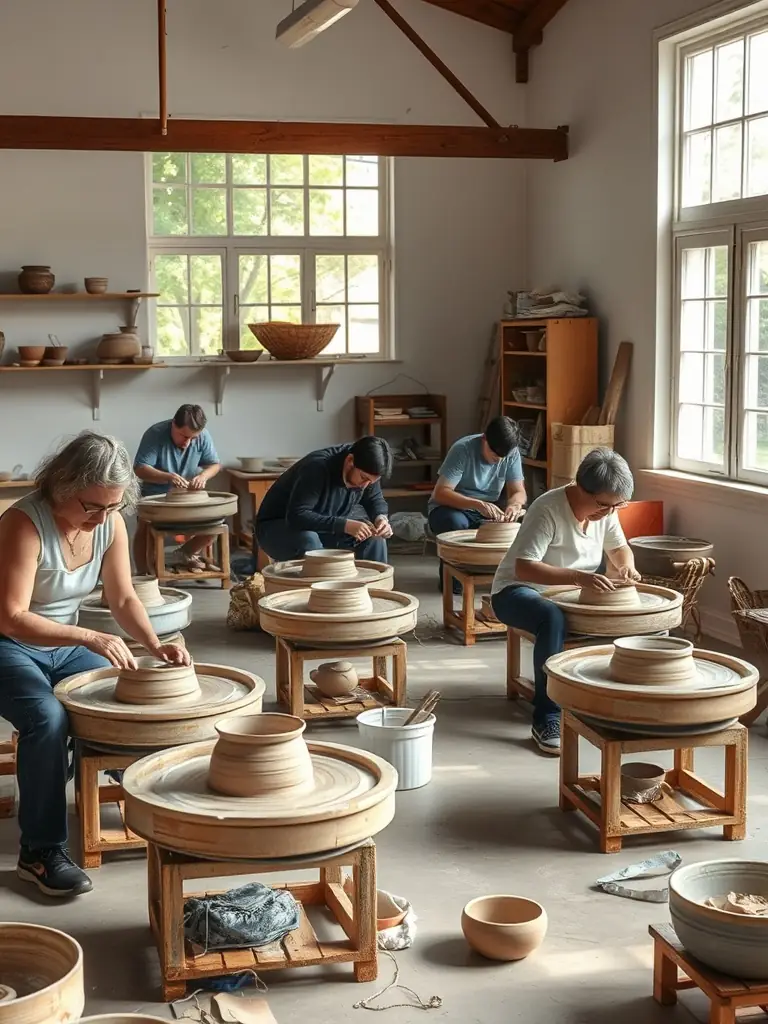 A photograph of adults engaged in a pottery class, highlighting the hands-on learning experience offered by ASSOCIATION FAMILIALE EVASION.