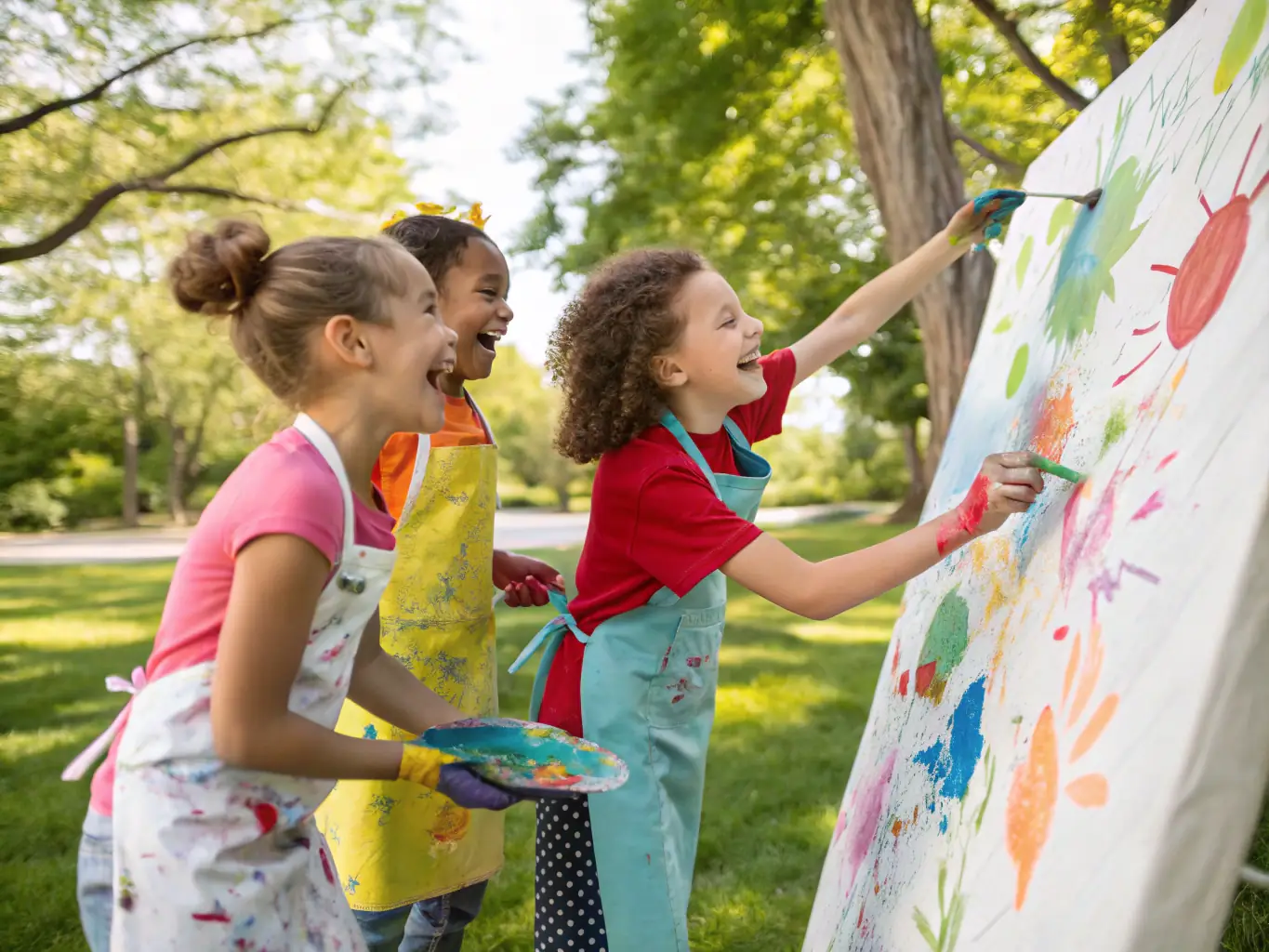 A vibrant photograph capturing children and adults participating in a collaborative art project at ASSOCIATION FAMILIALE EVASION, showcasing the joy and creativity of community engagement.