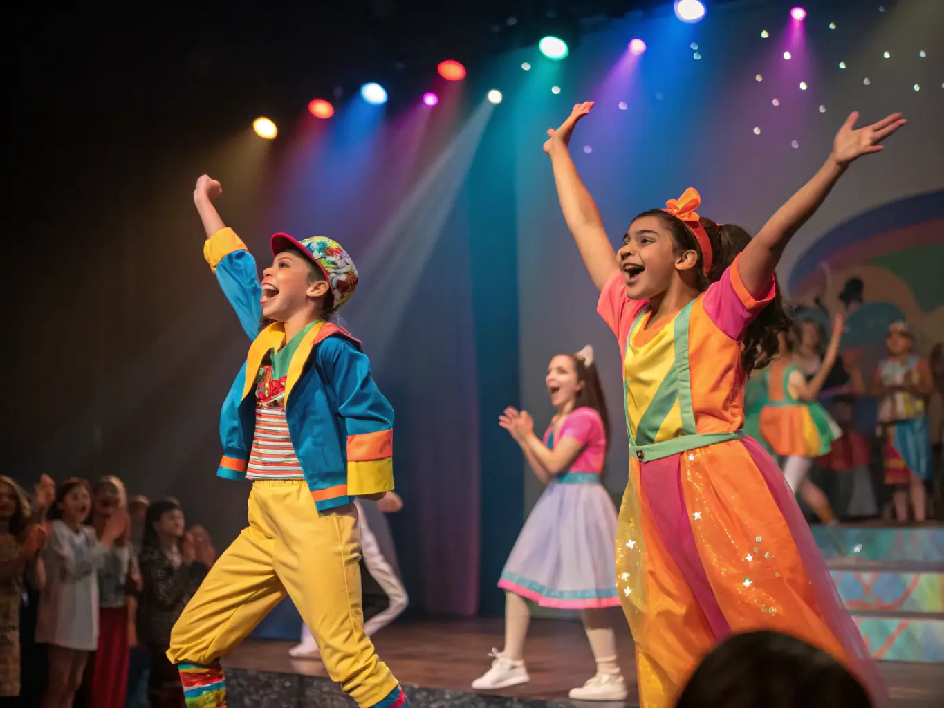 A dynamic image of performers on stage during a community theater production, showcasing the performance activities organized by ASSOCIATION FAMILIALE EVASION.