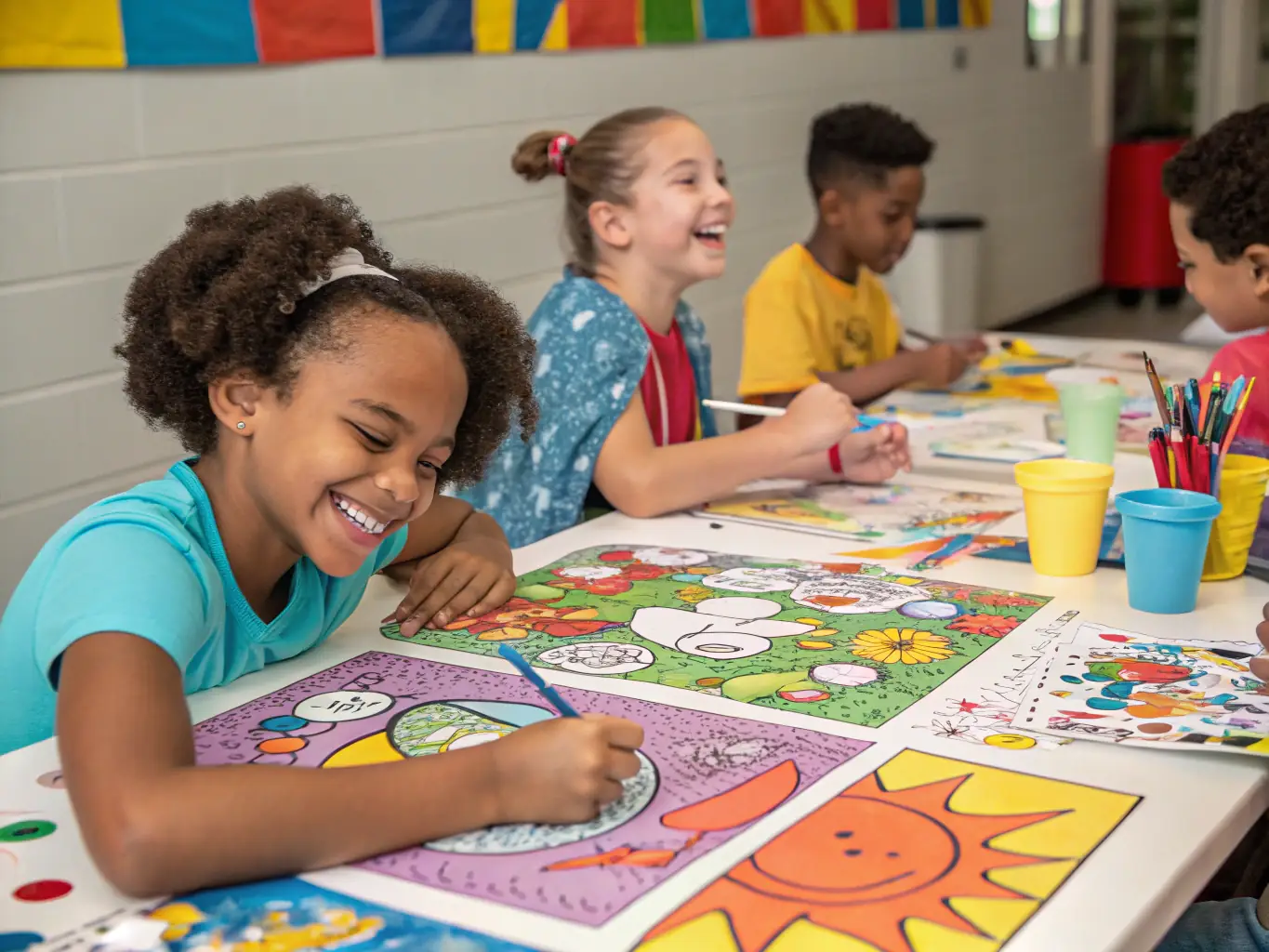A vibrant image of children and adults engaged in a painting workshop with colorful supplies and smiling faces, representing the Cultural and Artistic Workshops program.